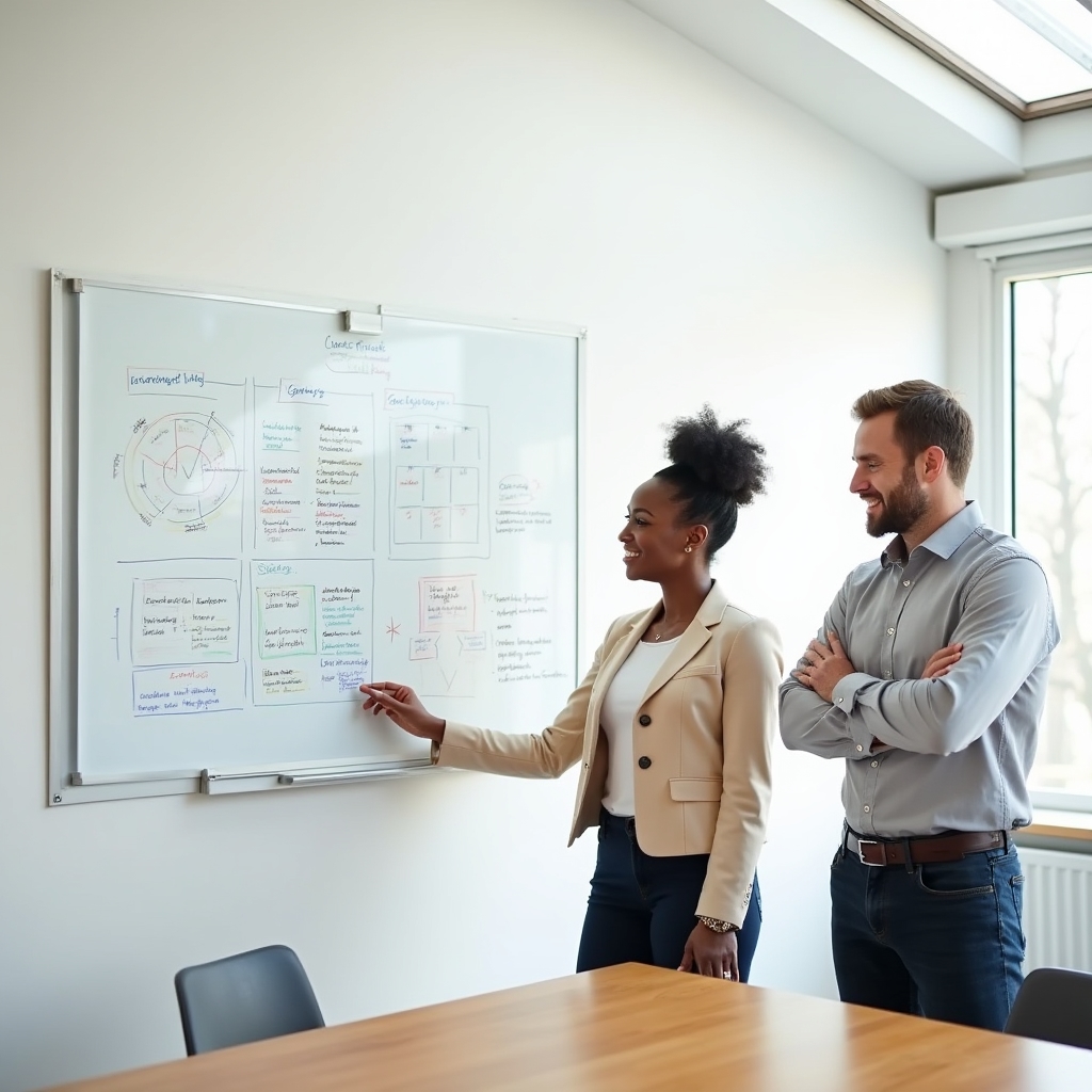 Zespół omawiający strategię content marketingową przy tablicy